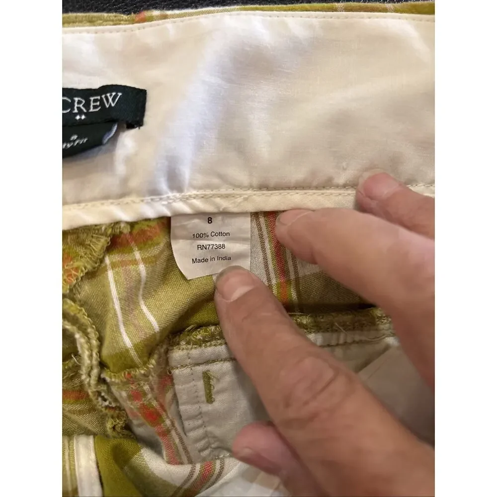 J.Crew Mid Rise Shorts Green Plaid Cuffed Size 8 City Fit Summer‎ Beach Y2K